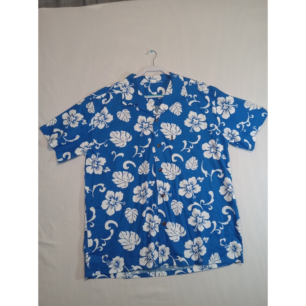 Palmwave Shirt Mens 2XL Short Sleeve Button Up Blue Hawaiian Cotton Hawaii Made